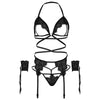 LEG AVENUE - VIERTEILIGES SET BH, G-STRING, STRUMPFGÜRTEL UND HANDGELENKMANSCHETTEN, EINE GRÖSSE - SCHWARZ