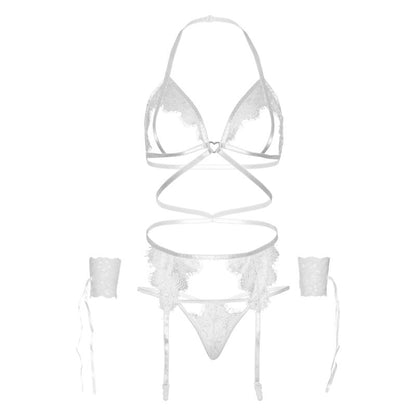 LEG AVENUE - VIERTEILIGES SET BH, G-STRING, STRUMPFGÜRTEL UND HANDGELENKMANSCHETTEN, EINE GRÖSSE - SCHWARZ