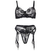 SUBBLIME - 3-TEILIGES SET BH + STRING + STRUMPFBAND BLUMENPRINT SCHWARZ S/M