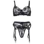 SUBBLIME - 3-TEILIGES SET BH + STRING + STRUMPFBAND BLUMENPRINT SCHWARZ S/M